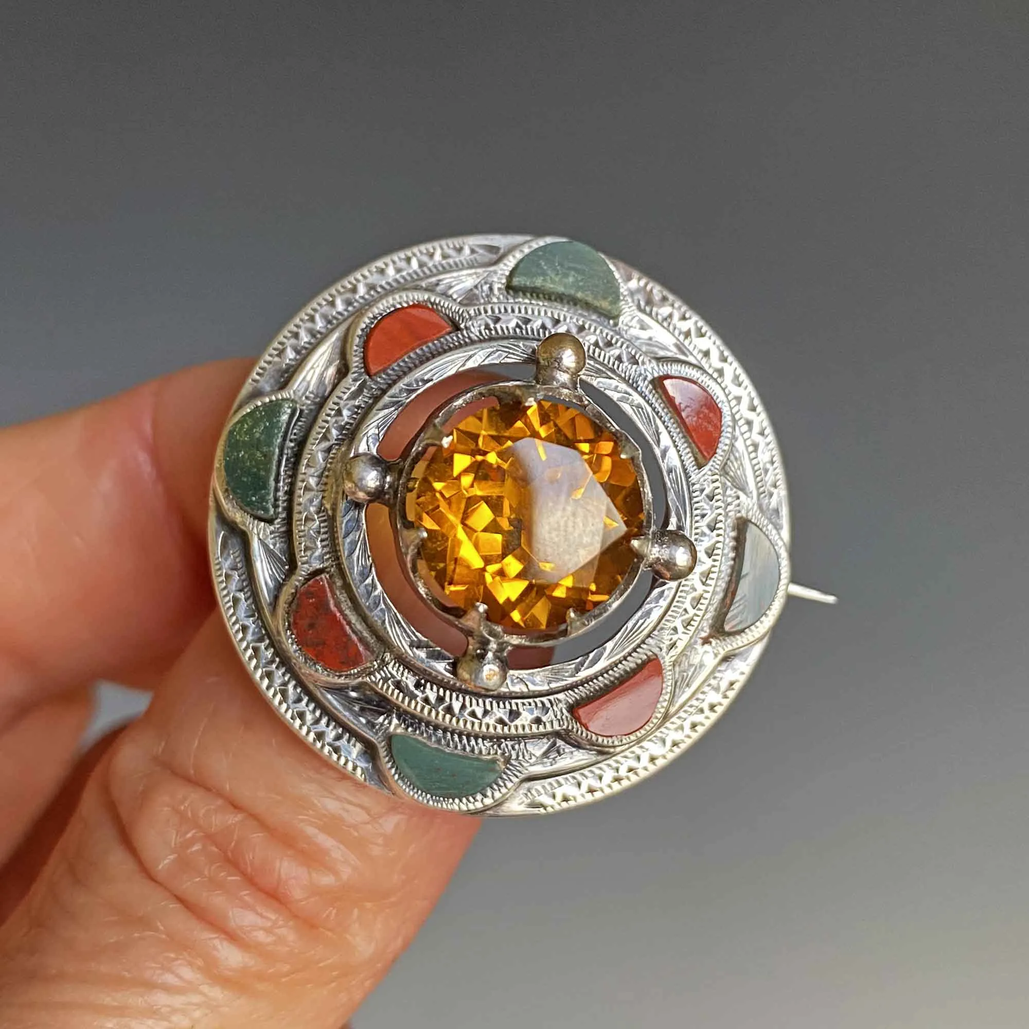 Antique Scottish Agate Cairngorm Citrine Brooch