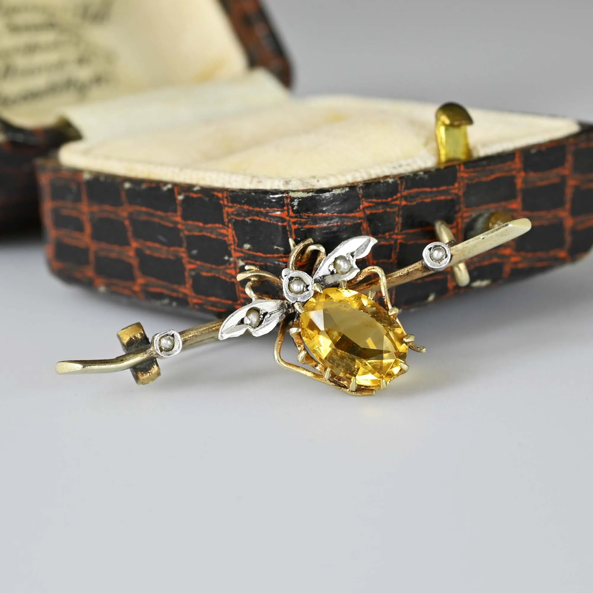 Antique Seed Pearl Citrine Insect Victorian Brooch