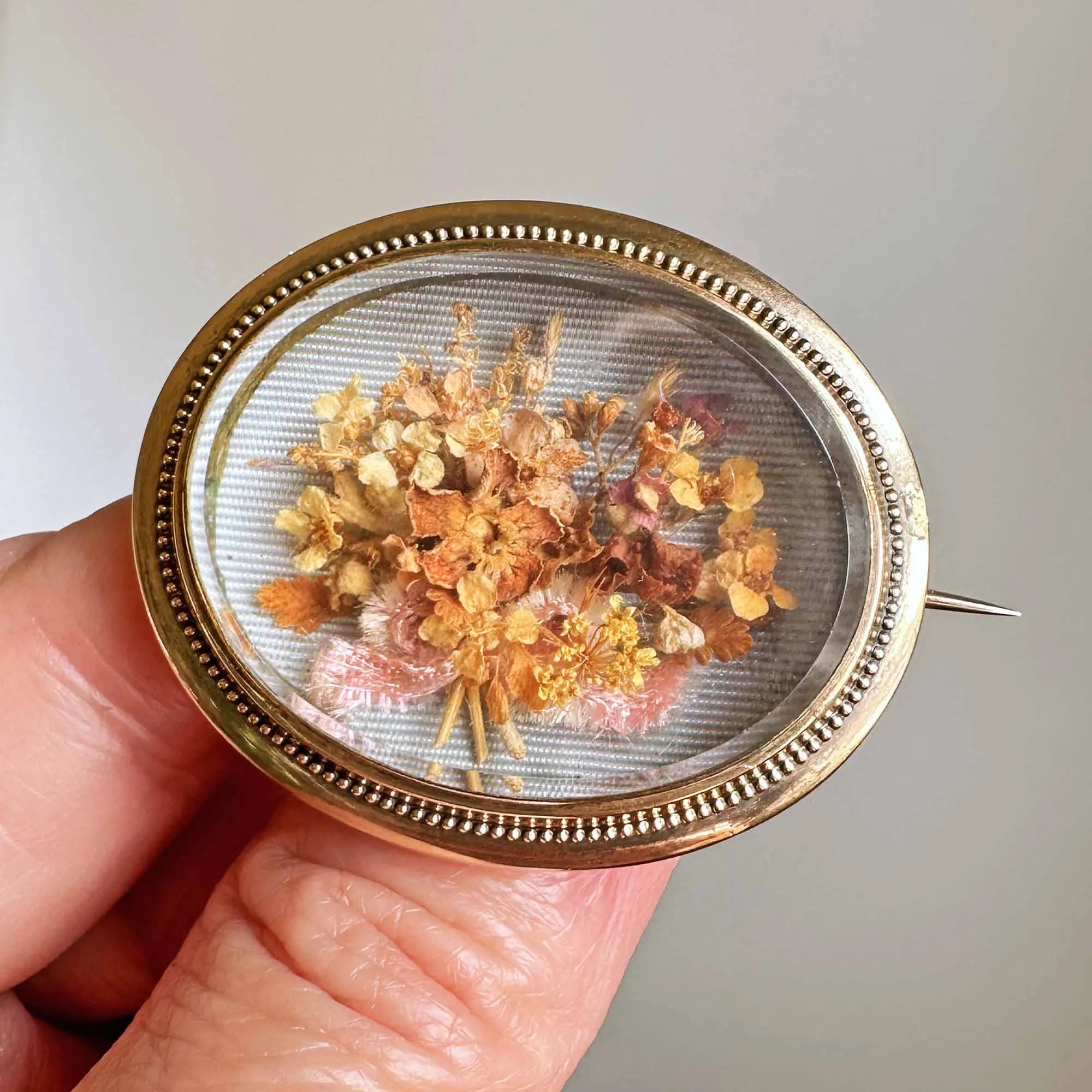 Antique Shadow Box Dried Flower 14K Gold Brooch