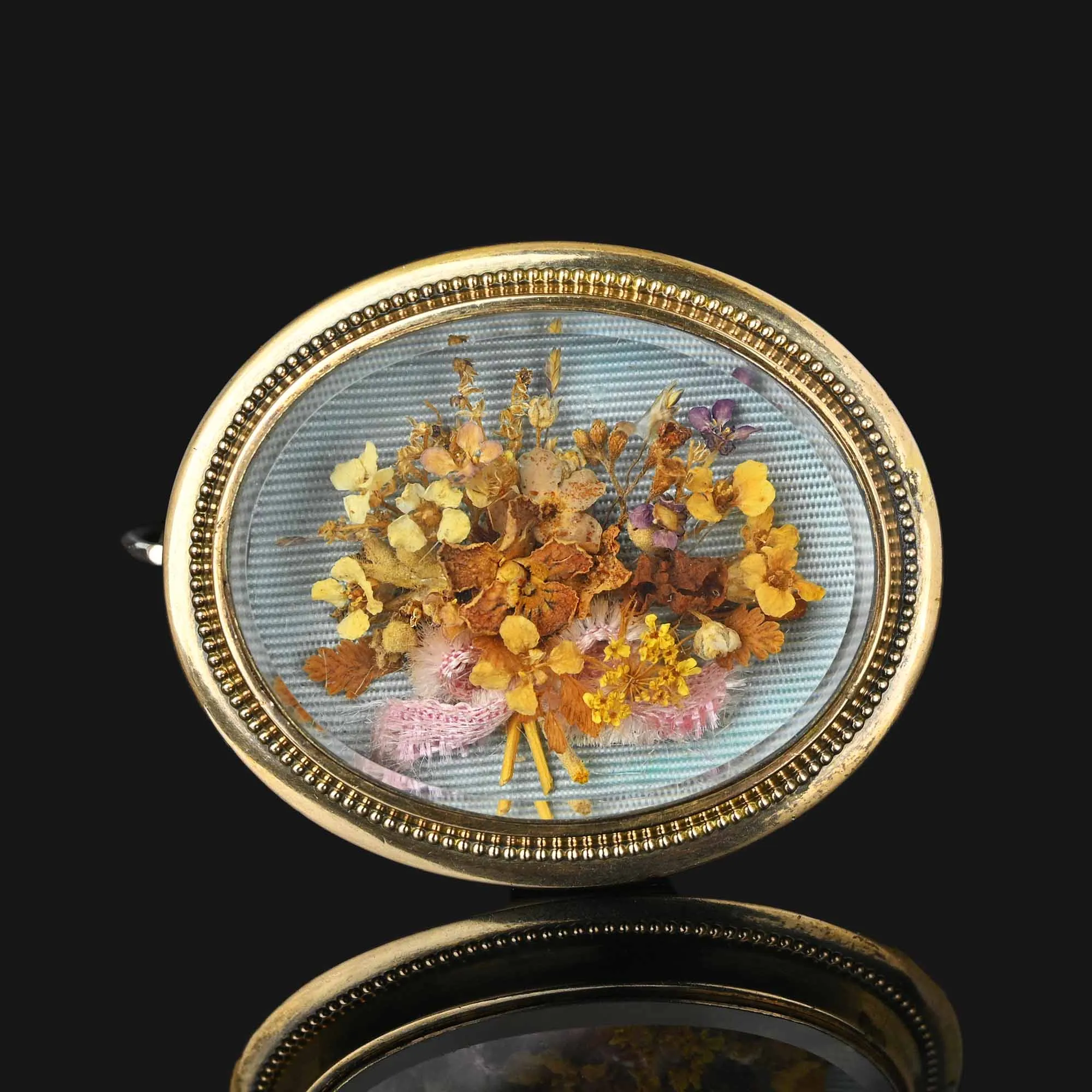 Antique Shadow Box Dried Flower 14K Gold Brooch