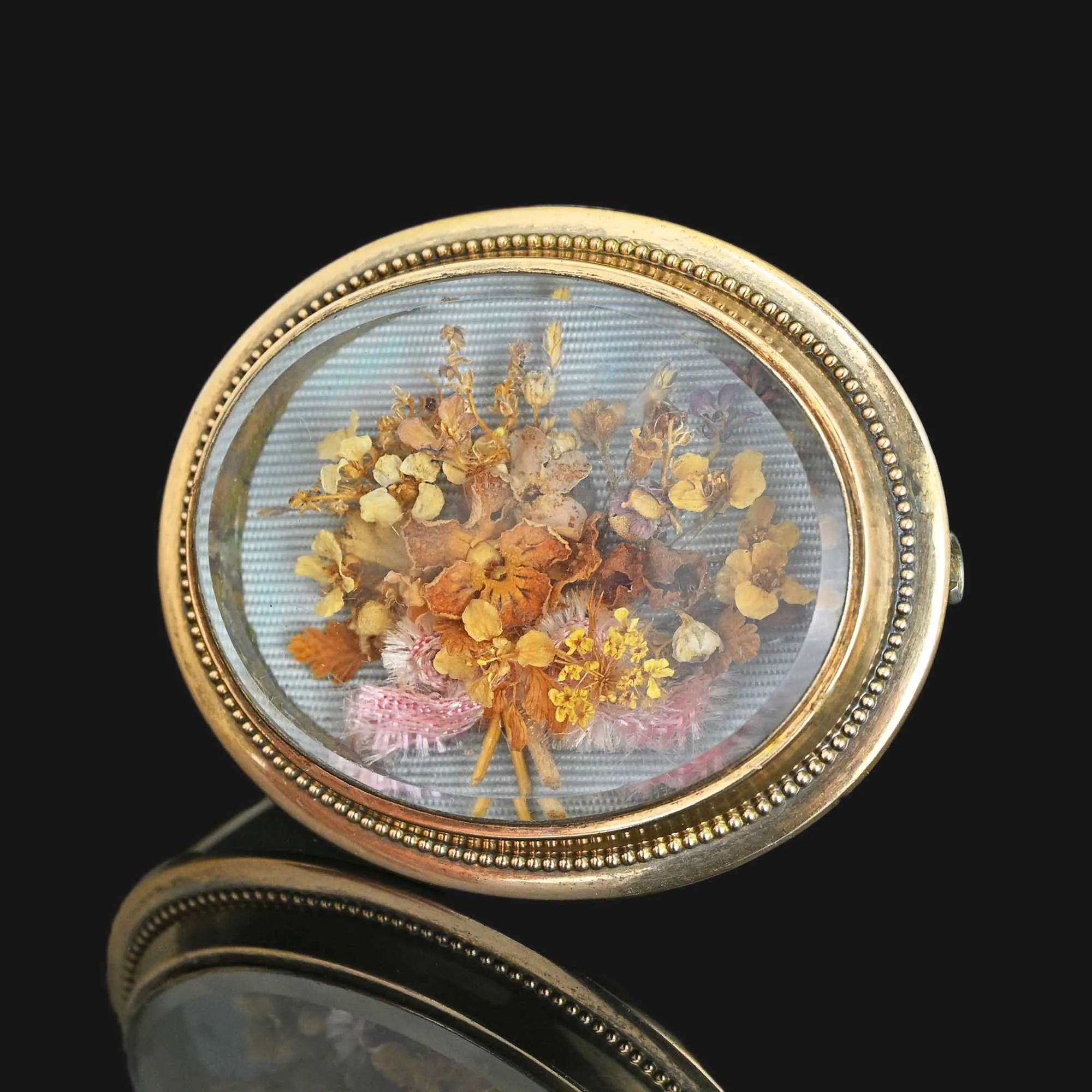 Antique Shadow Box Dried Flower 14K Gold Brooch