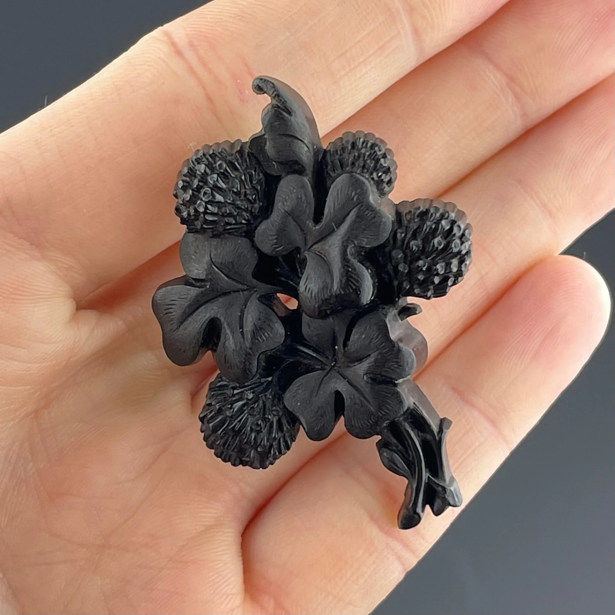 Antique Shamrock Carved Irish Bog Oak Brooch