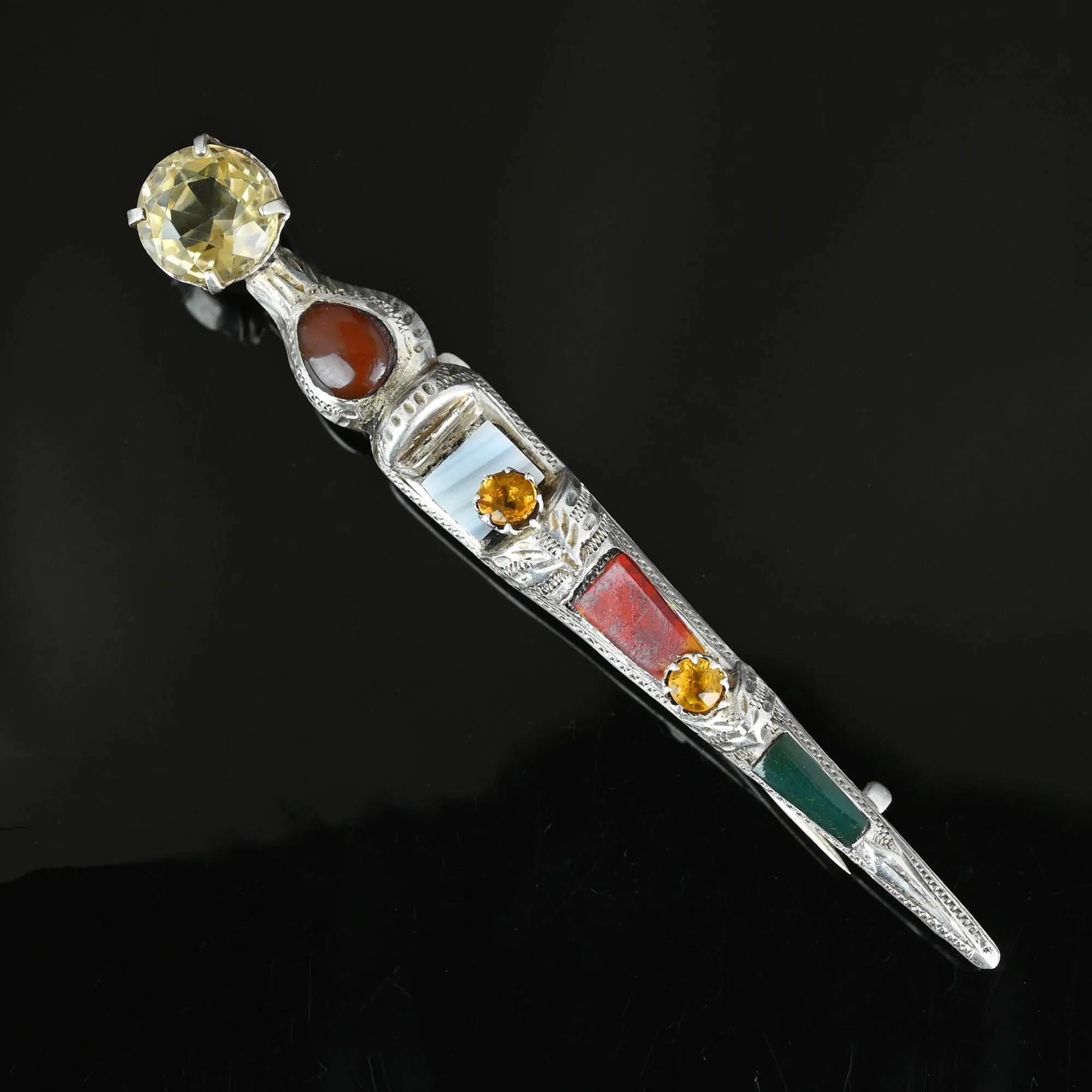 Antique Silver Scottish Agate Cairngorm Citrine Dirk Brooch