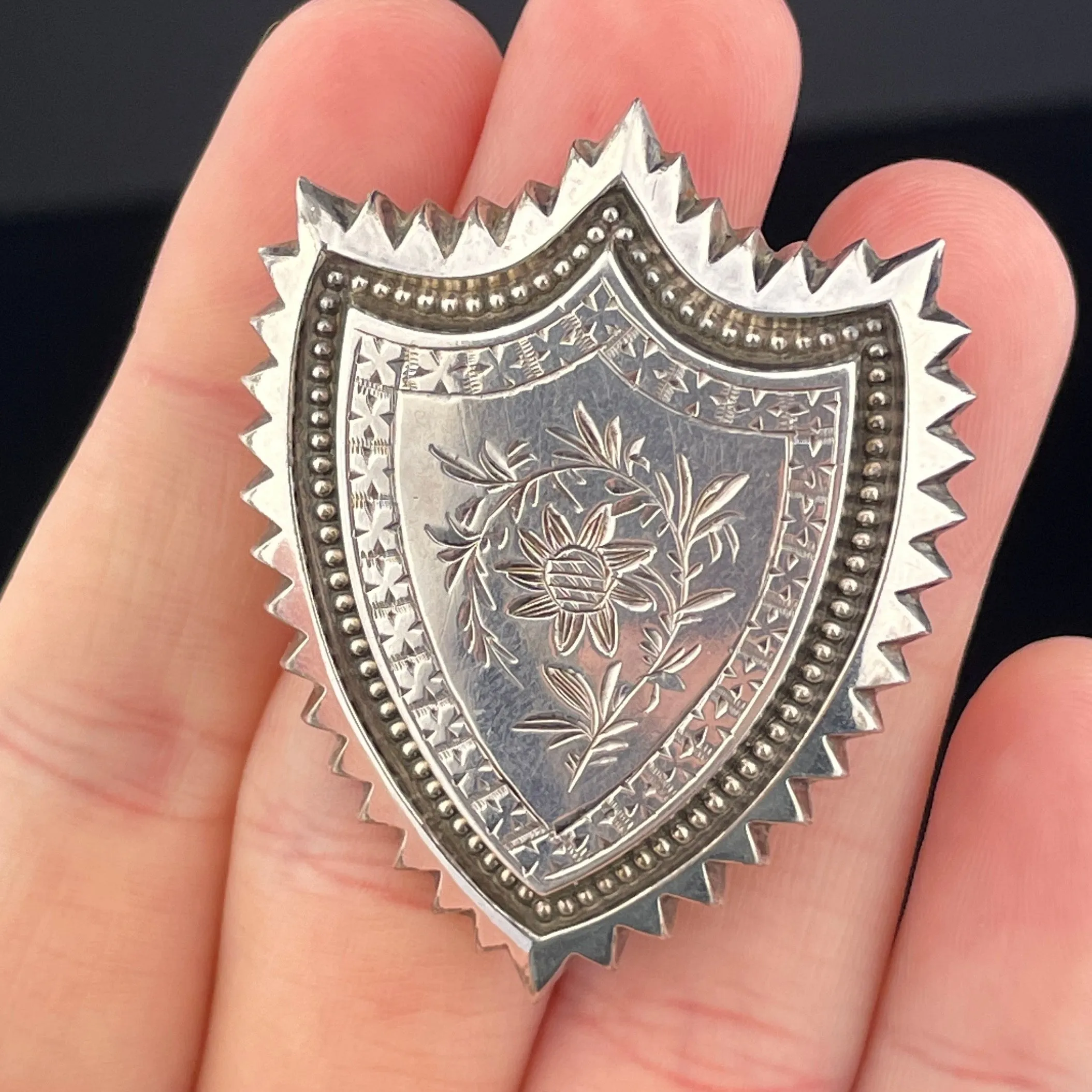 Antique Silver Victorian Forget Me Not Shield Brooch Pin