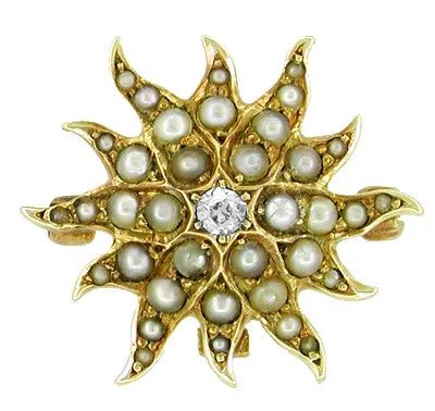 Antique Victorian Diamond and Seed Pearl Starburst Pendant Brooch in 14 Karat Gold