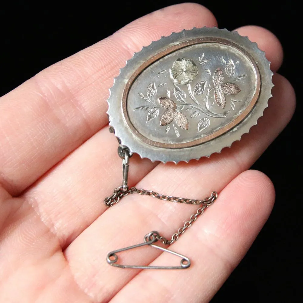 Antique Victorian Silver Gold Locket Brooch Circa 1900