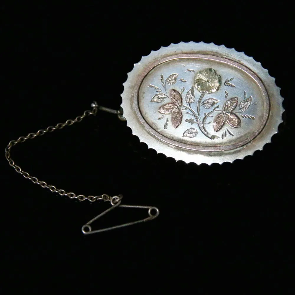 Antique Victorian Silver Gold Locket Brooch Circa 1900