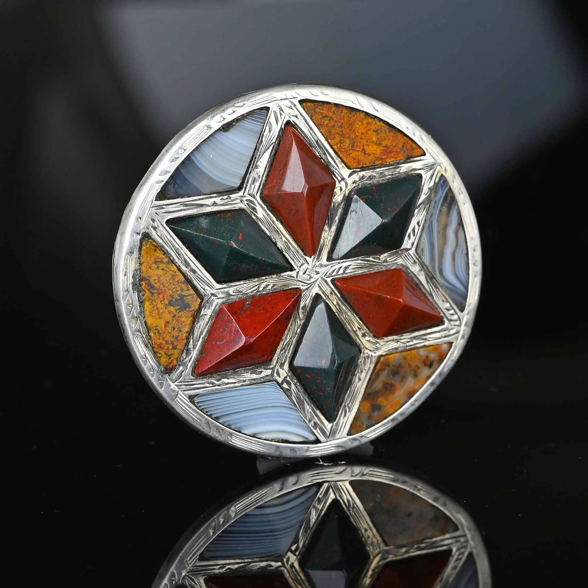 Antique Victorian Silver Scottish Agate Star Pebble Brooch