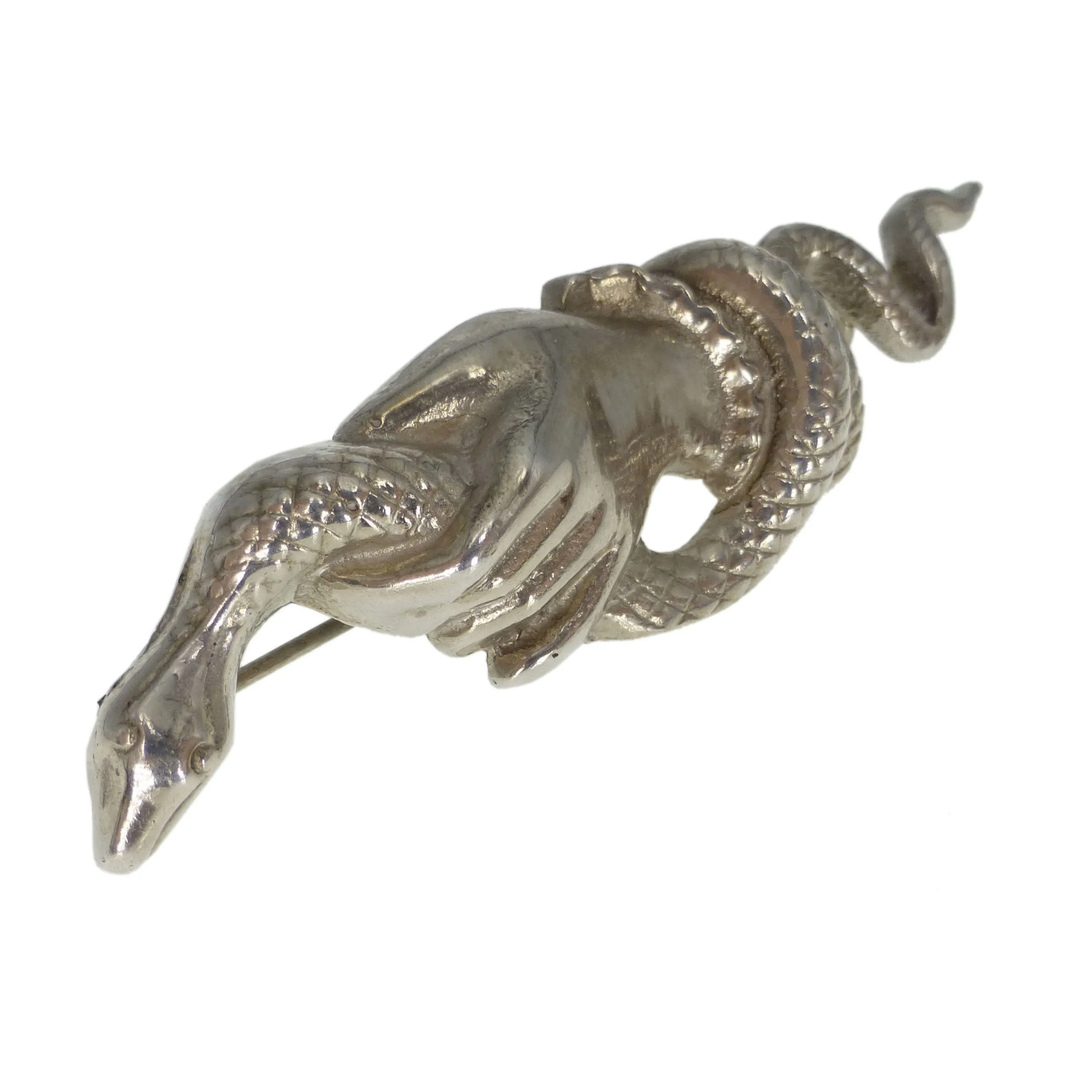 Antique Victorian Silver Symbolic Snake In Hand Brooch