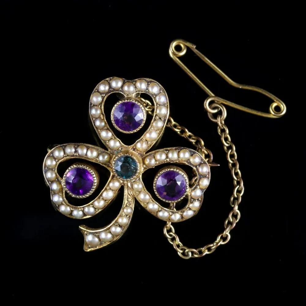 Antique Victorian Suffragette Shamrock Brooch 15Ct Gold Circa 1900