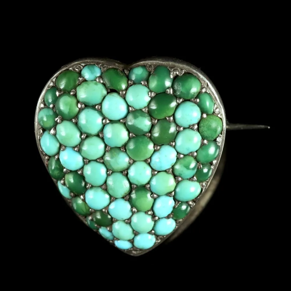 Antique Victorian Turquoise Heart Locket Silver Brooch Circa 1900