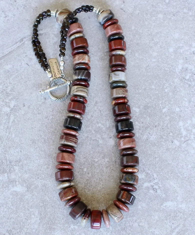 Apple Jasper Rondelle & Disc Bead Necklace with Czechoslovakian Nailheads and Sterling Silver