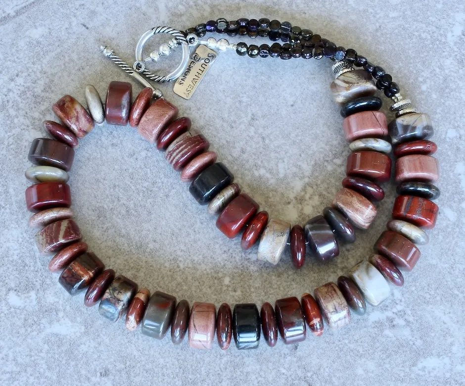 Apple Jasper Rondelle & Disc Bead Necklace with Czechoslovakian Nailheads and Sterling Silver