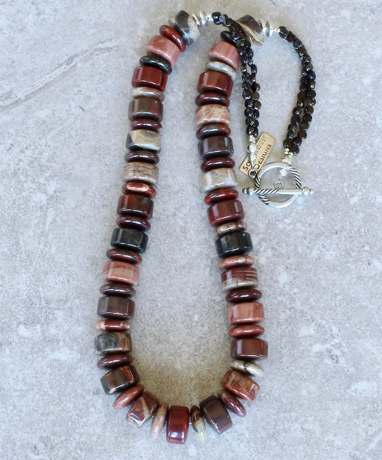 Apple Jasper Rondelle & Disc Bead Necklace with Czechoslovakian Nailheads and Sterling Silver