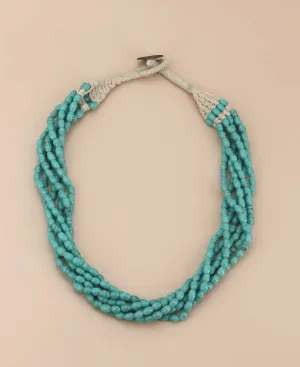 Aqua Blue Glass Elongated Beads Collar Necklace