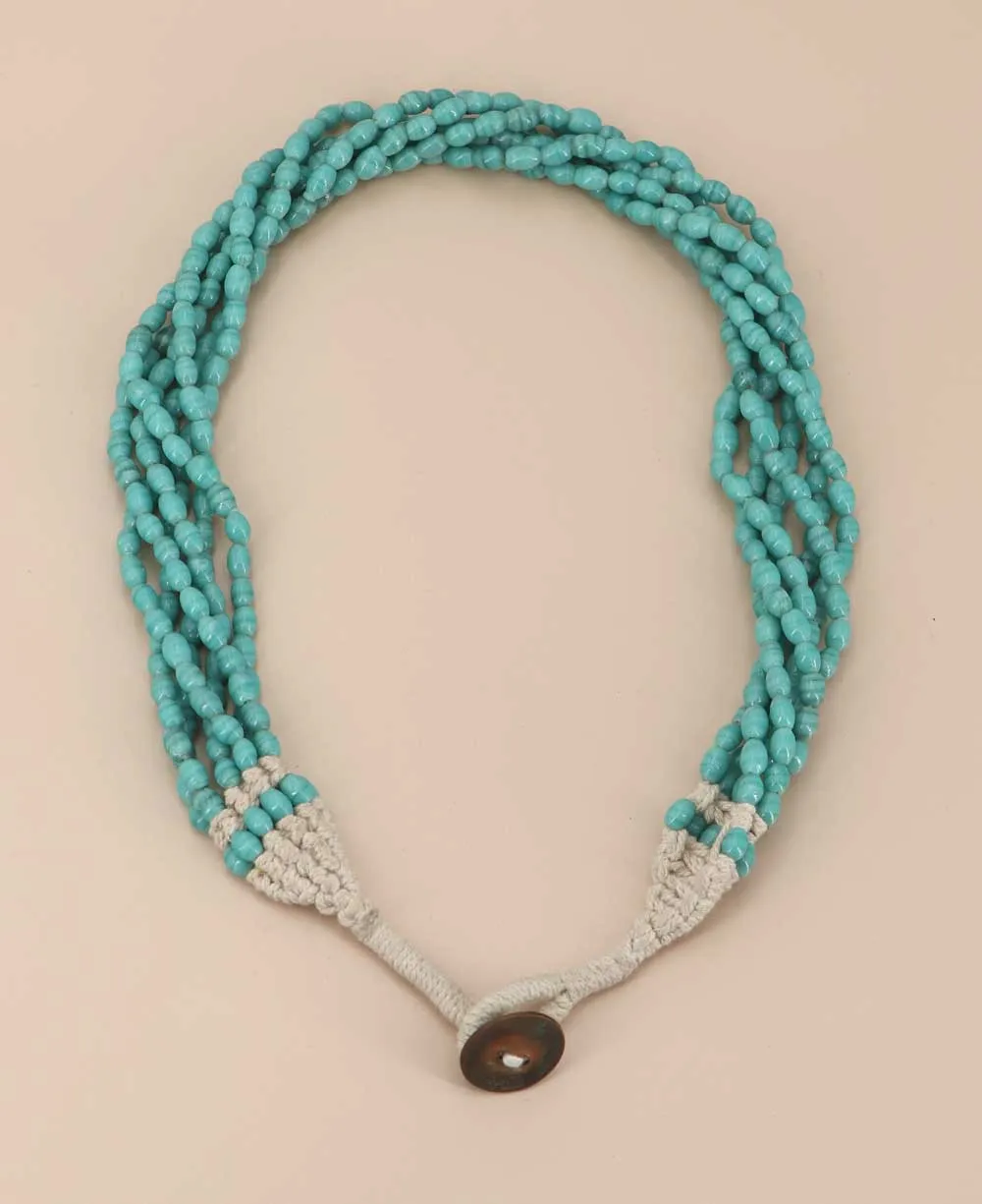 Aqua Blue Glass Elongated Beads Collar Necklace