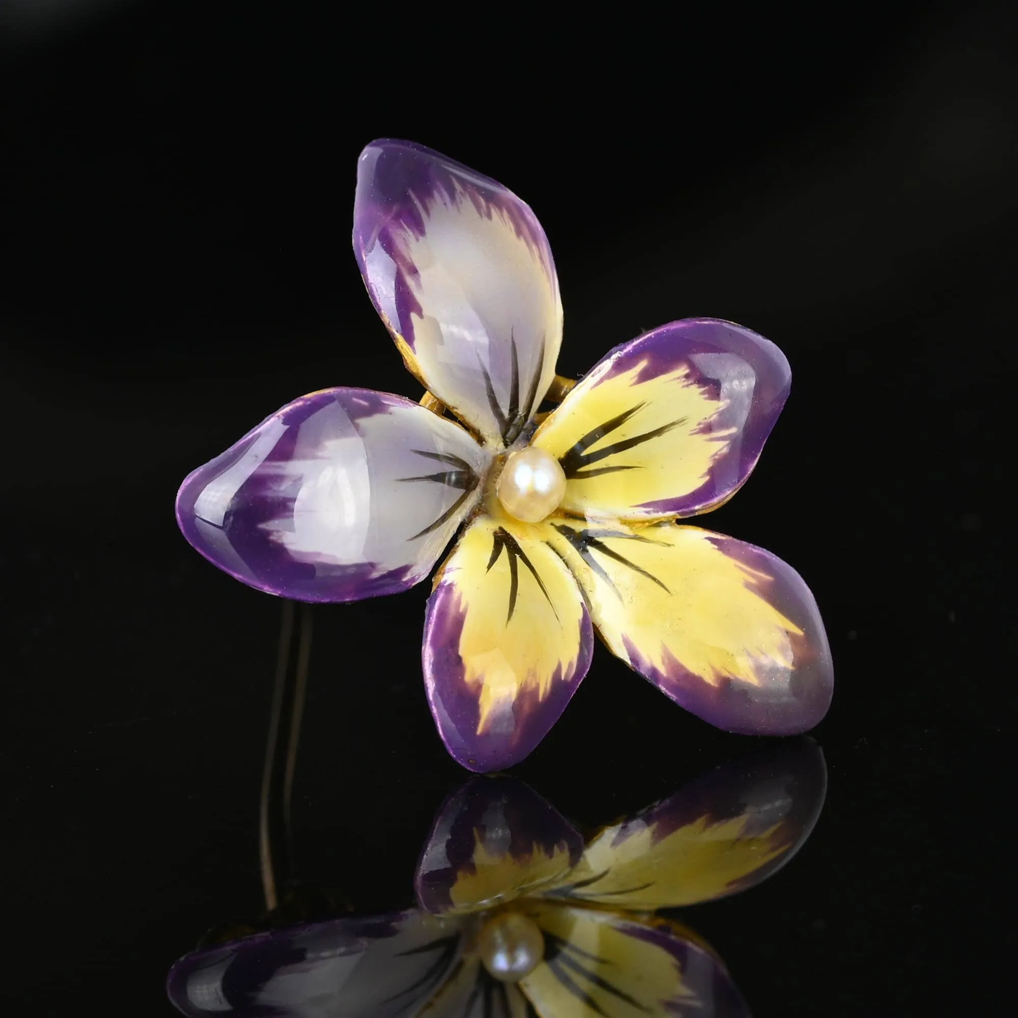 Art Nouveau 14K Gold Enamel Viola Pansy Brooch