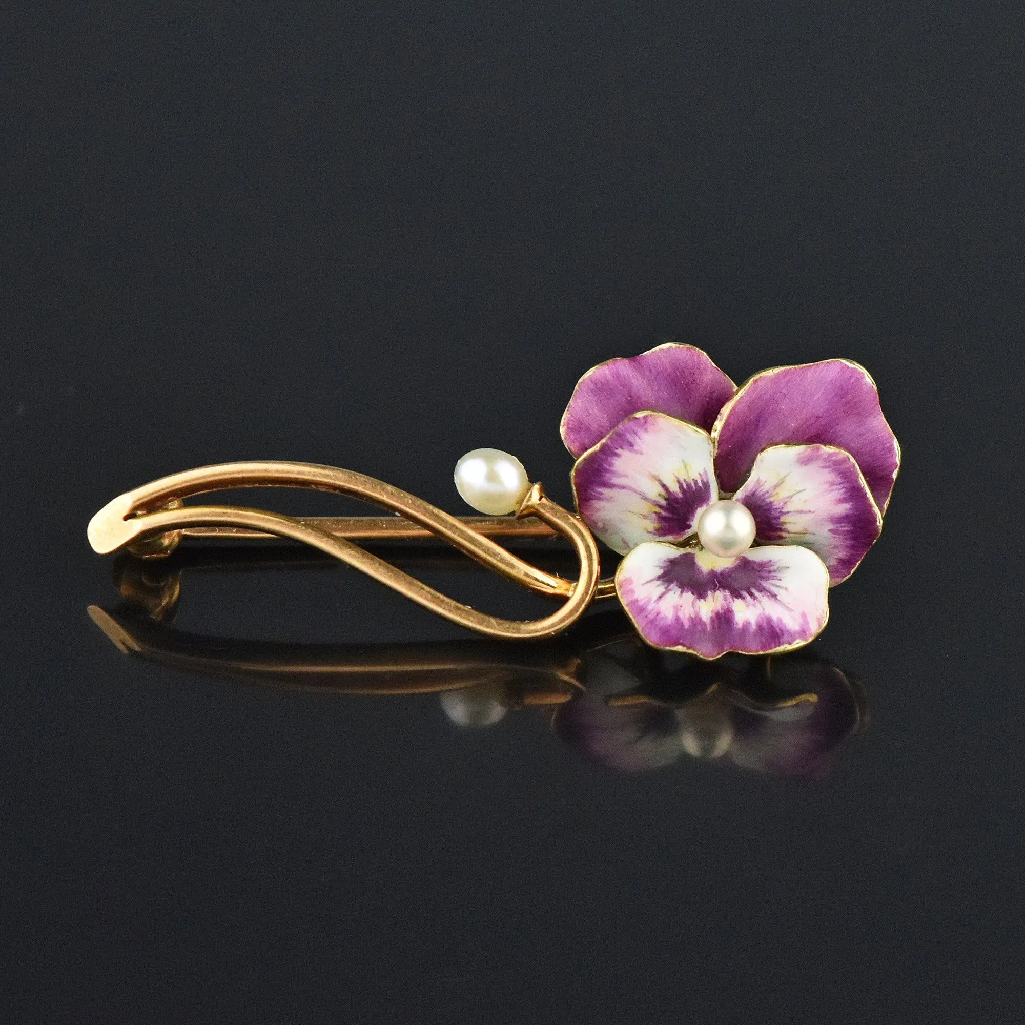 Art Nouveau 14K Gold Pearl Enamel Pansy Brooch