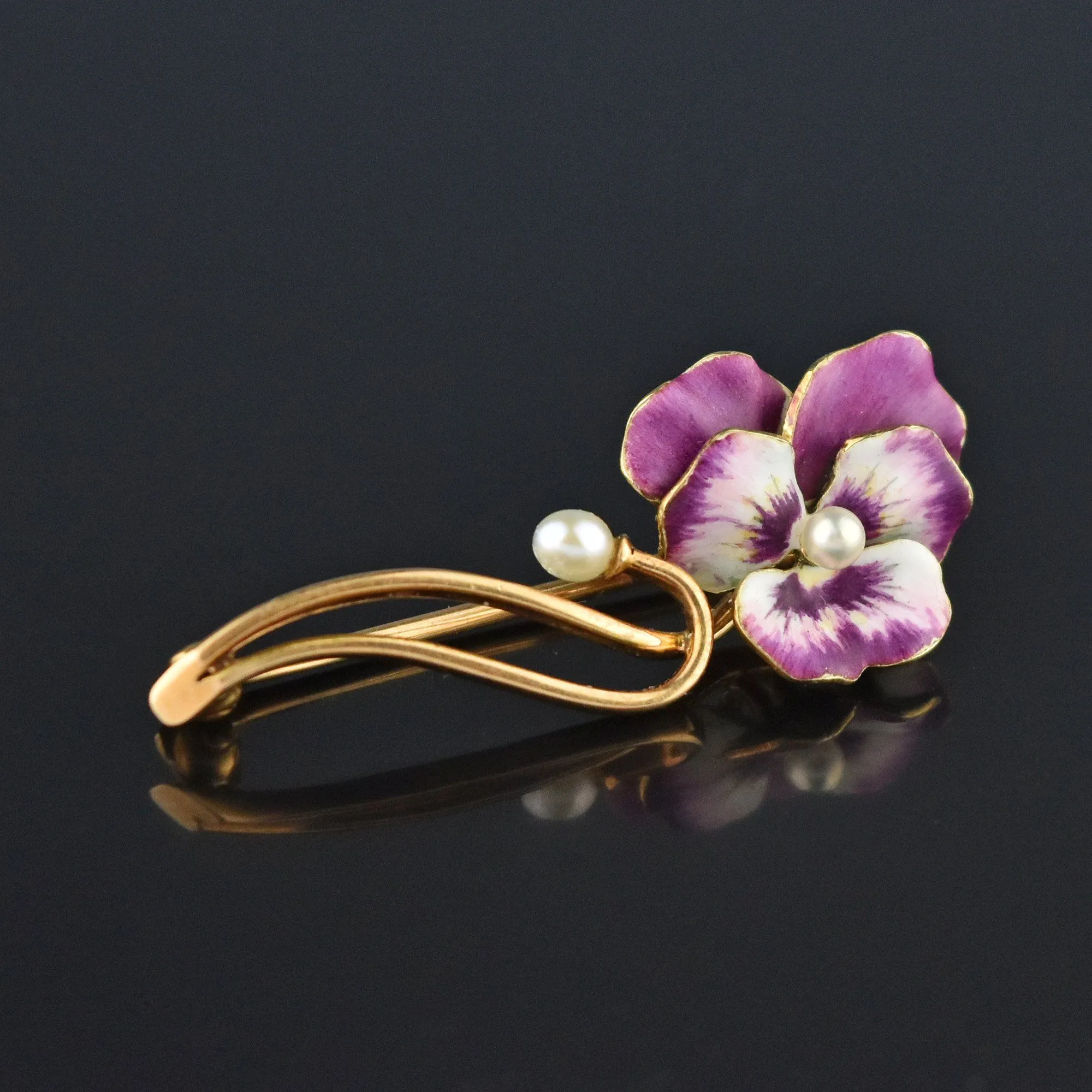 Art Nouveau 14K Gold Pearl Enamel Pansy Brooch