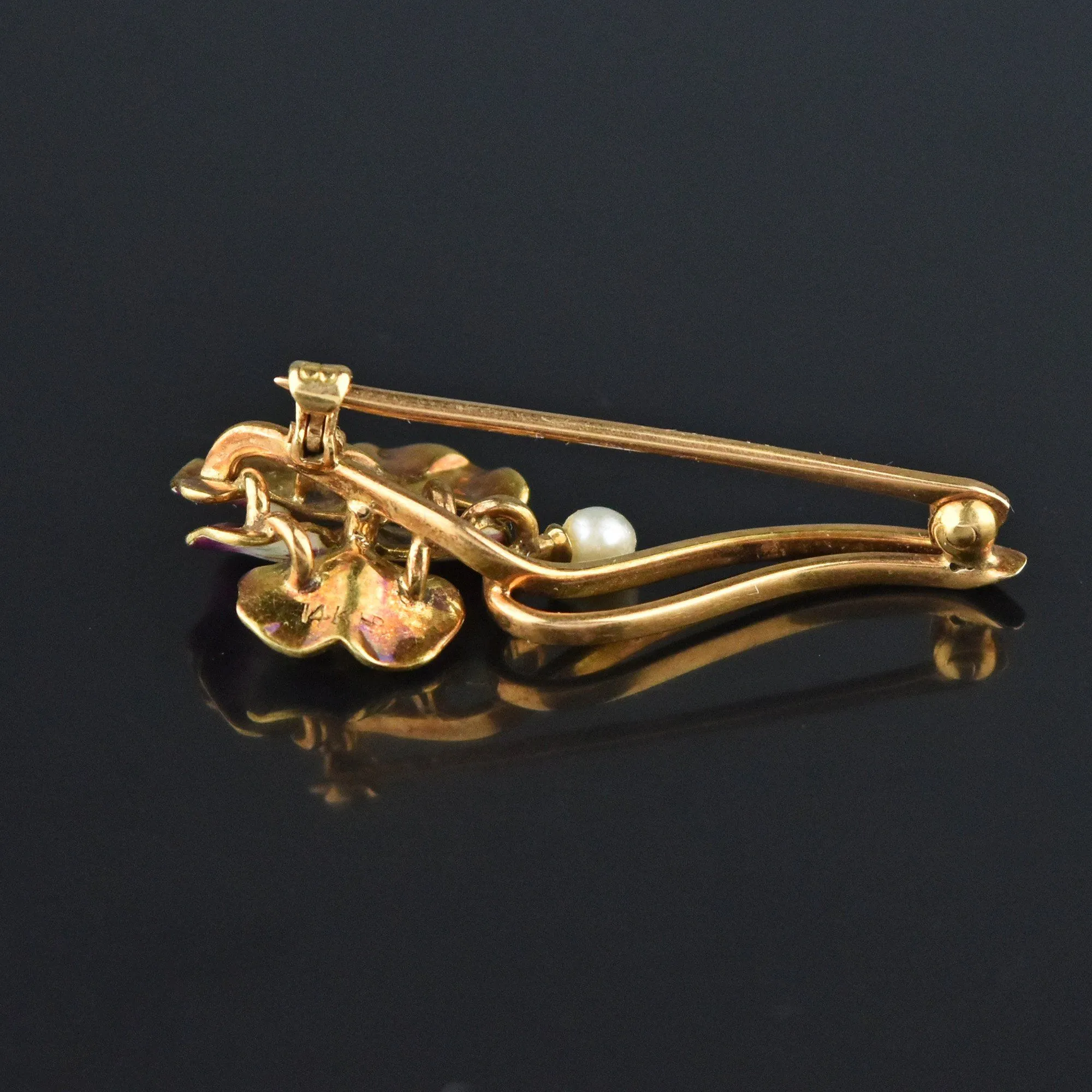 Art Nouveau 14K Gold Pearl Enamel Pansy Brooch