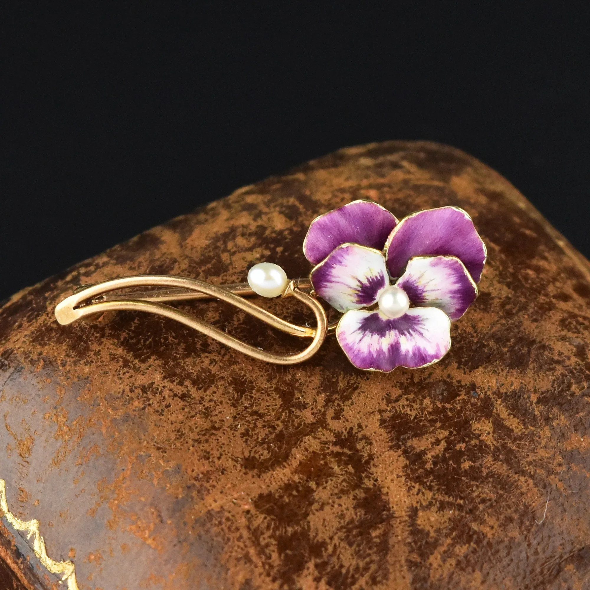 Art Nouveau 14K Gold Pearl Enamel Pansy Brooch