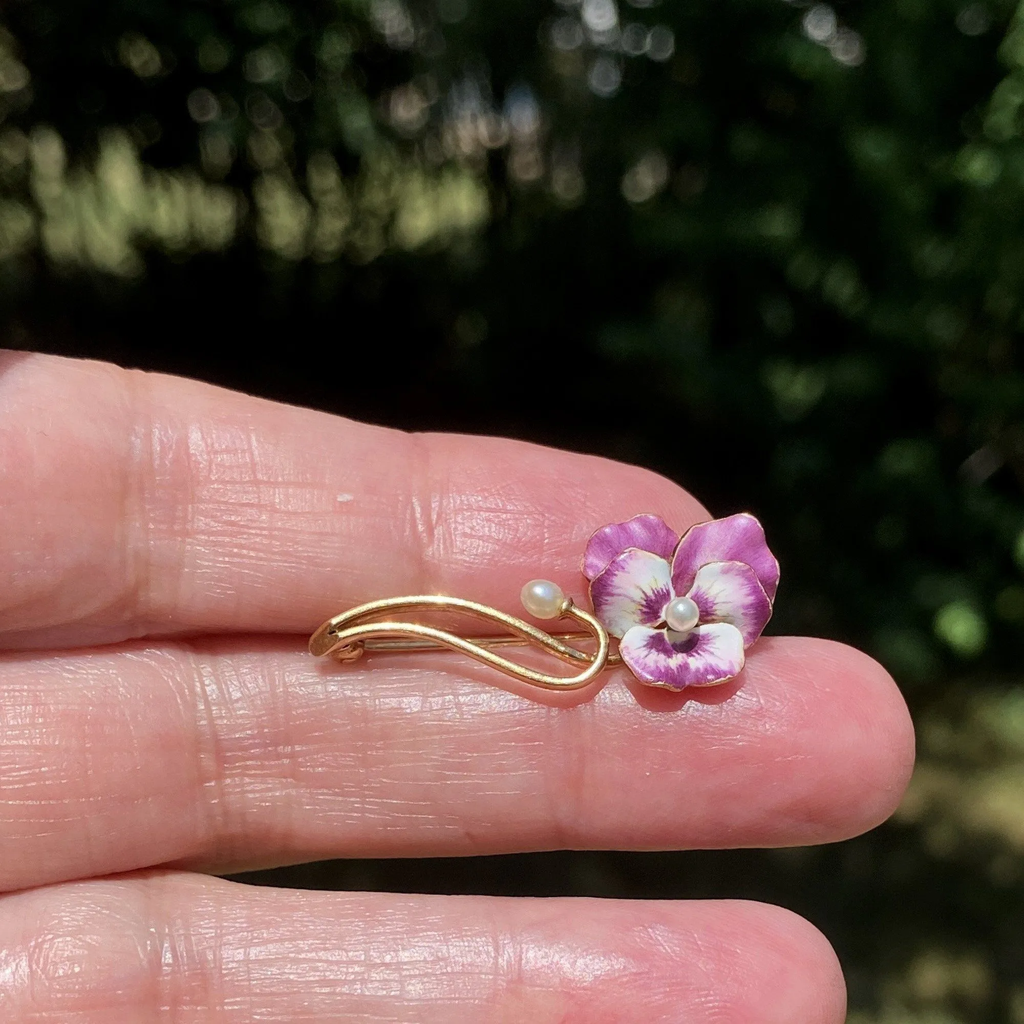 Art Nouveau 14K Gold Pearl Enamel Pansy Brooch