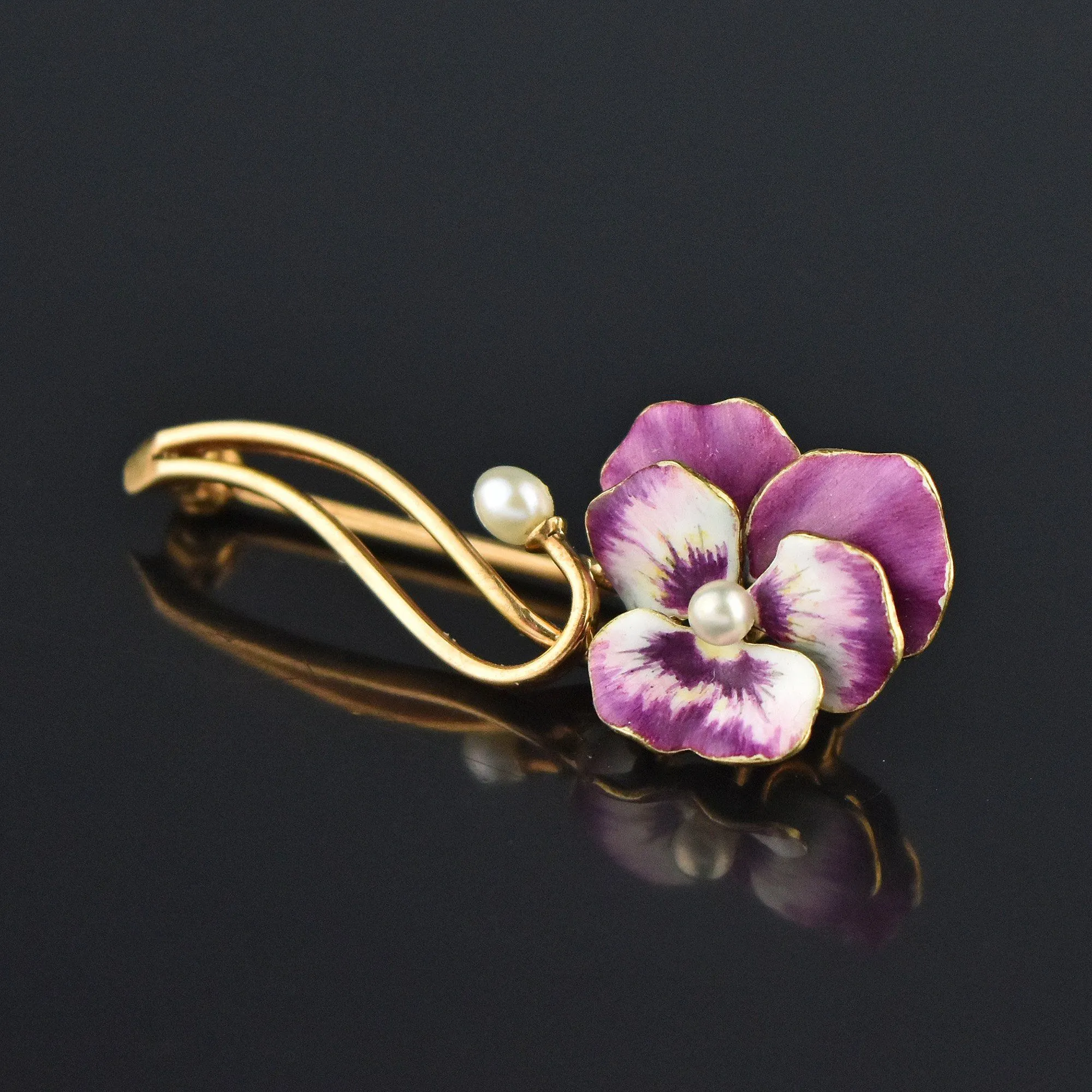 Art Nouveau 14K Gold Pearl Enamel Pansy Brooch