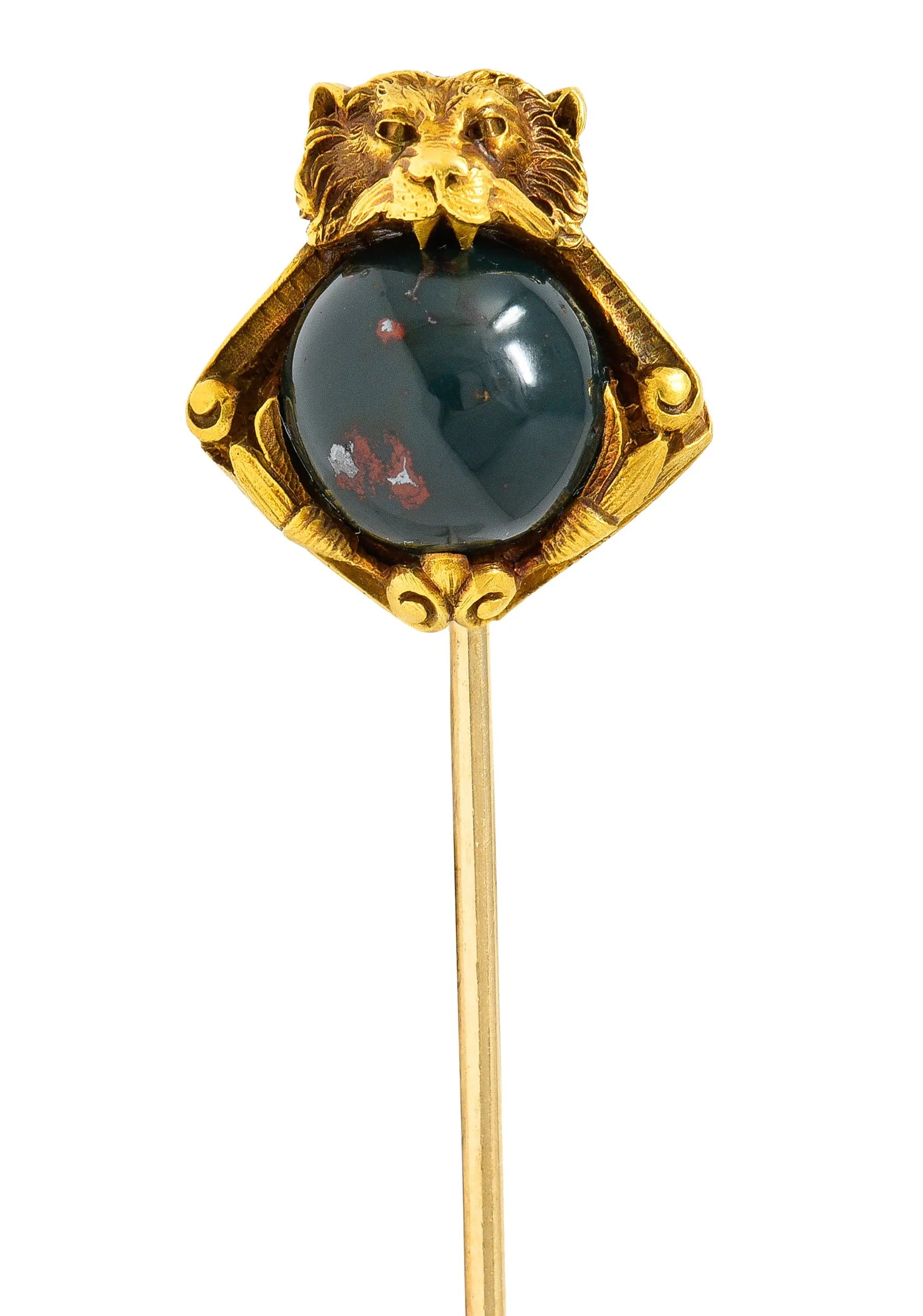 Art Nouveau Bloodstone Cabochon 18 Karat Yellow Gold Lion Lotus Antique Murrle Bennet Stickpin