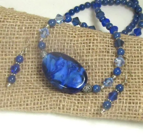 Artisan  Lampwork and Lapis Lazuli Bead Necklace and Earrings