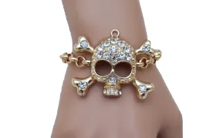 Biker Fashion Bracelet Gold Color Metal Chain Skeleton Skull Charm Jewelry