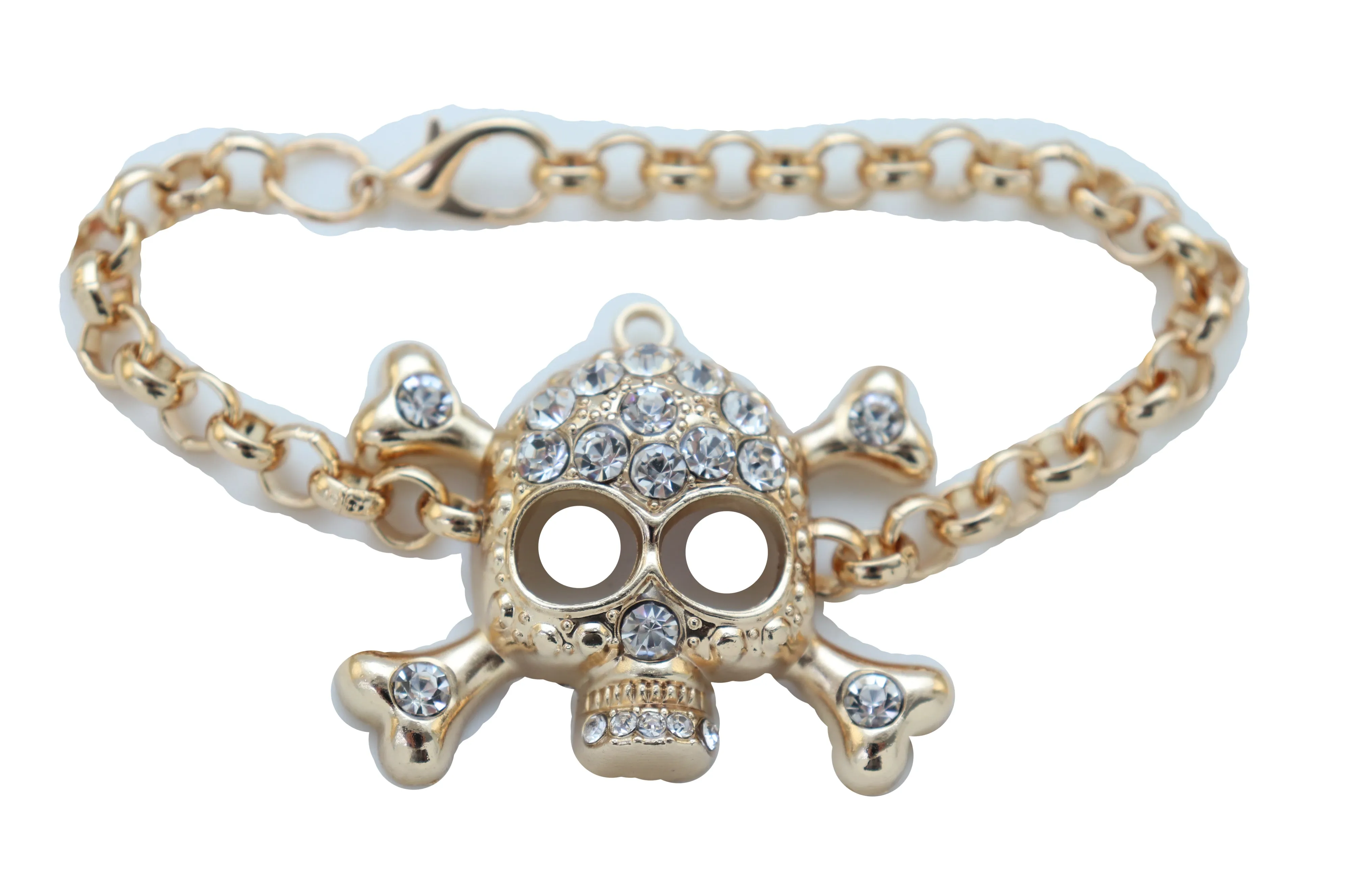 Biker Fashion Bracelet Gold Color Metal Chain Skeleton Skull Charm Jewelry