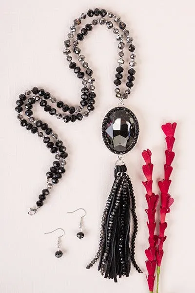 Black Beaded Tassel Necklace Set