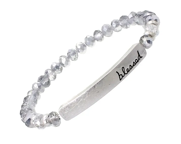 BLESSED - White crystal Inspirational Bracelet with Silver