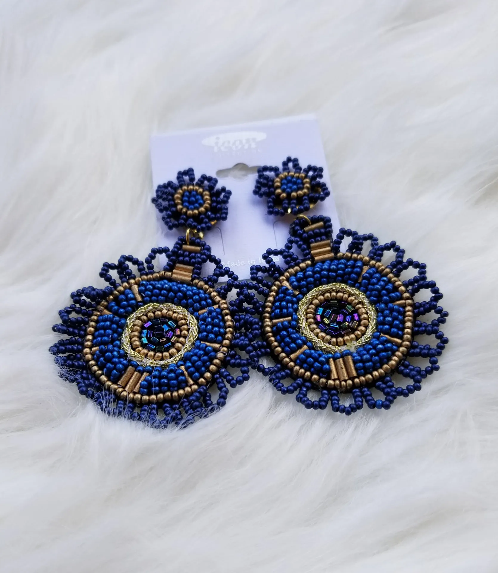 Blue decorative circle beaded statement earrings