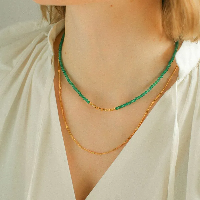 Broken Gold Green Agate Beaded Necklace