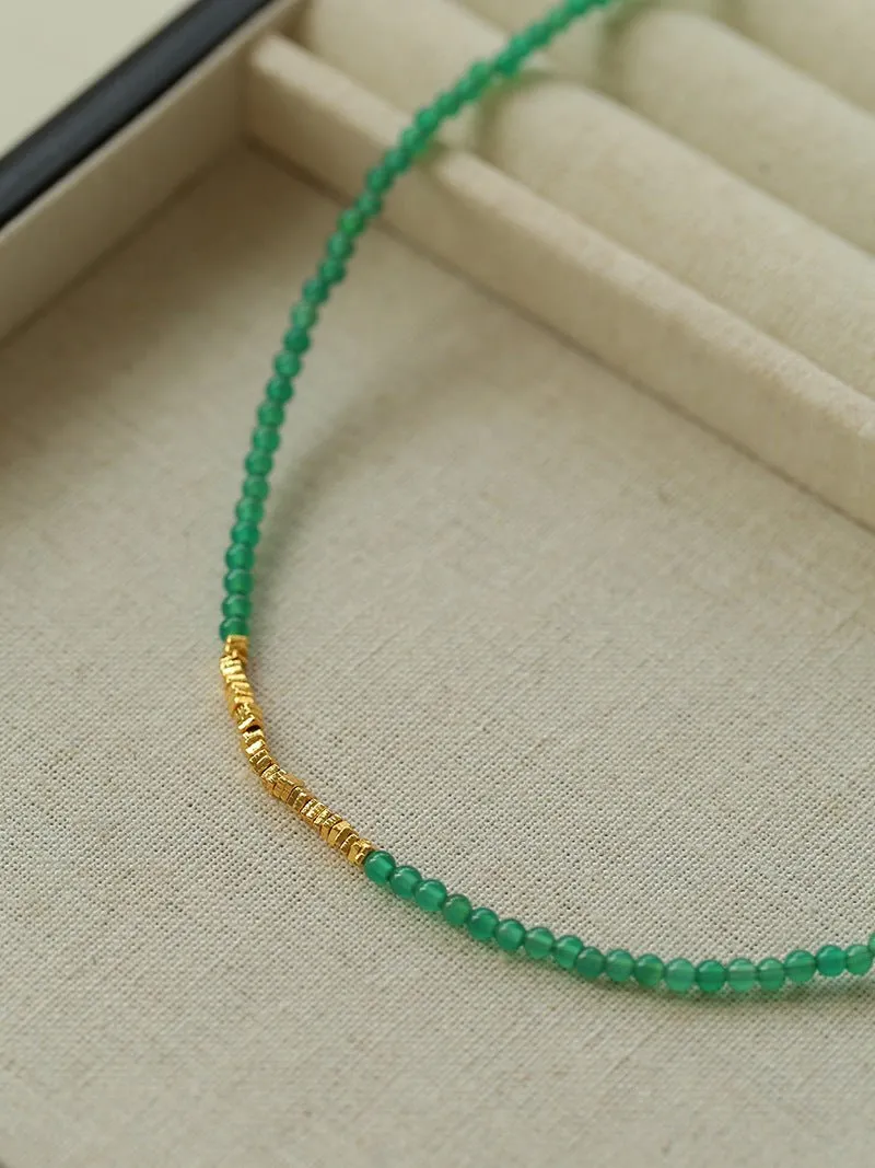 Broken Gold Green Agate Beaded Necklace