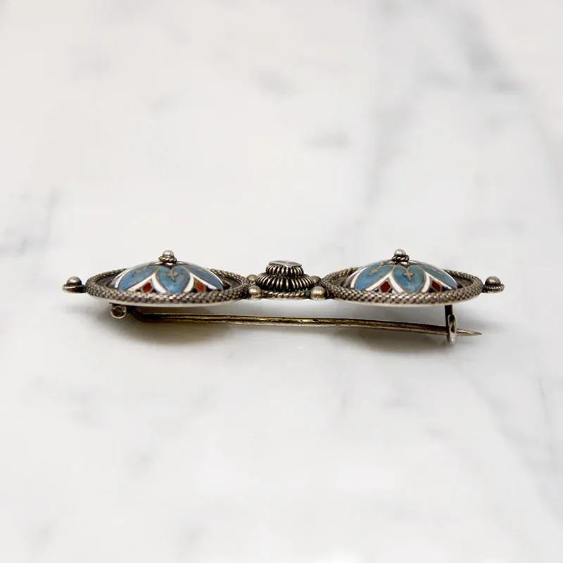 Charming Edwardian Floral Enameled Silver Brooch