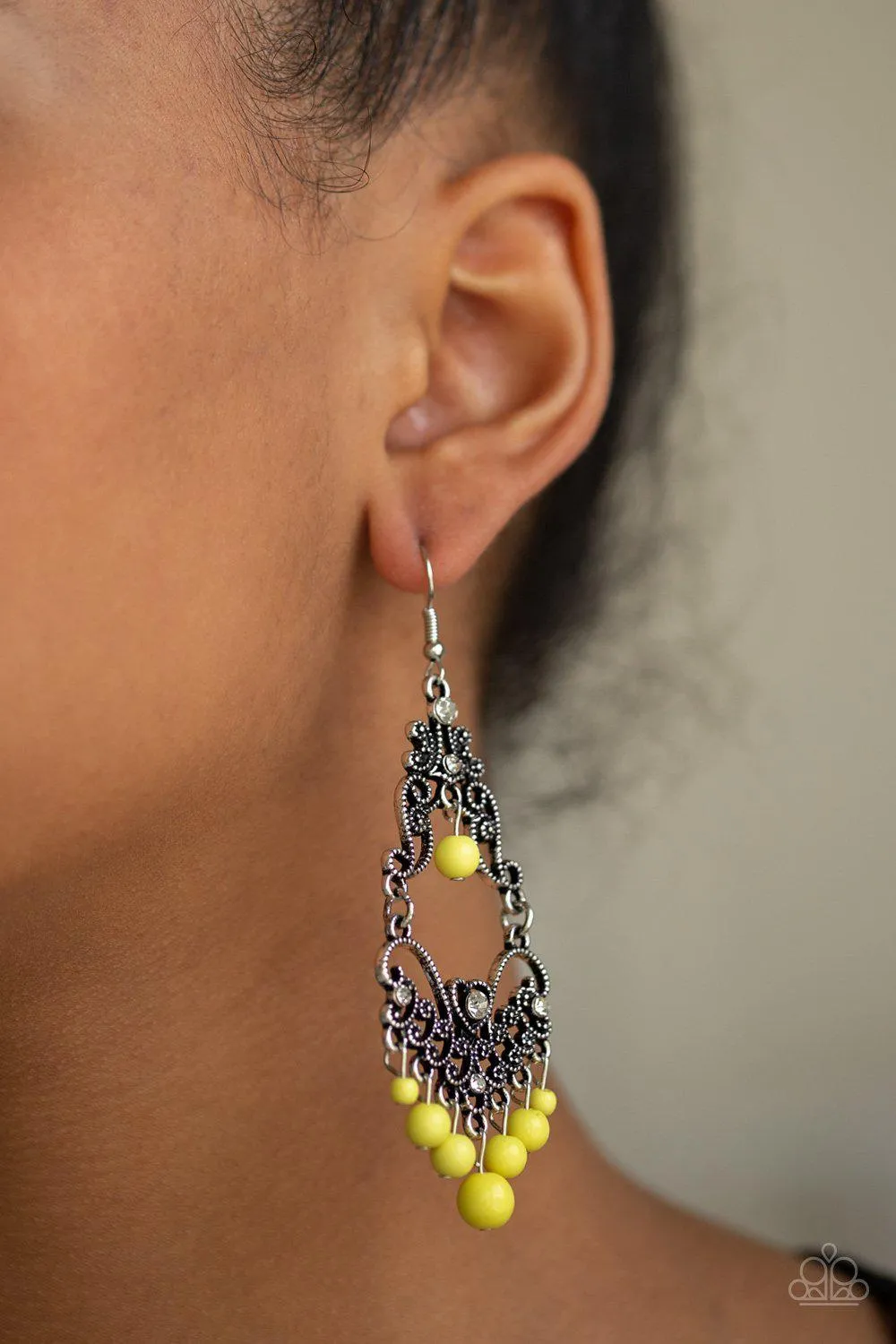 Colorfully Cabaret Yellow Earrings - Paparazzi Accessories