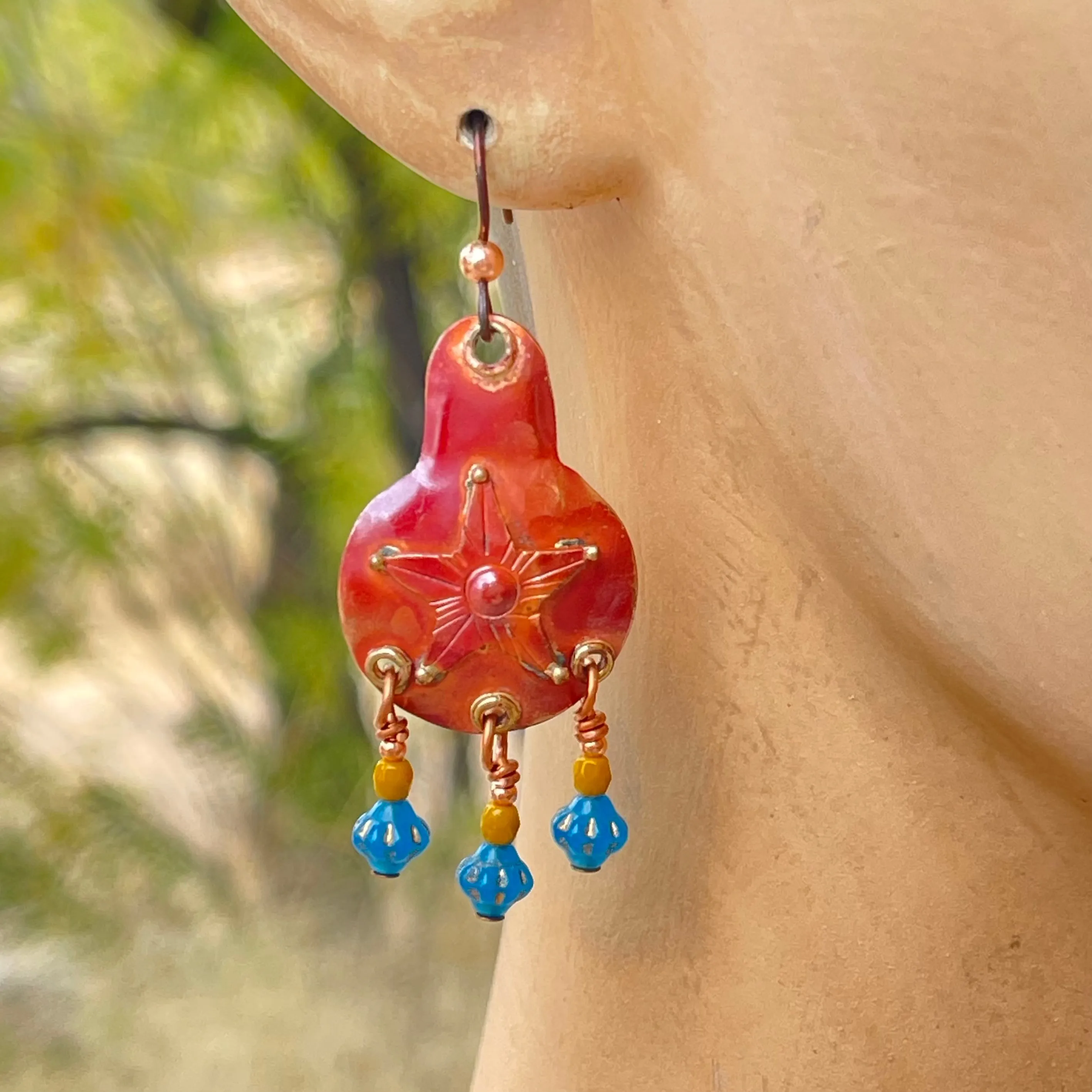 Copper Dangle Earrings with Turquoise Hued Glass Beads