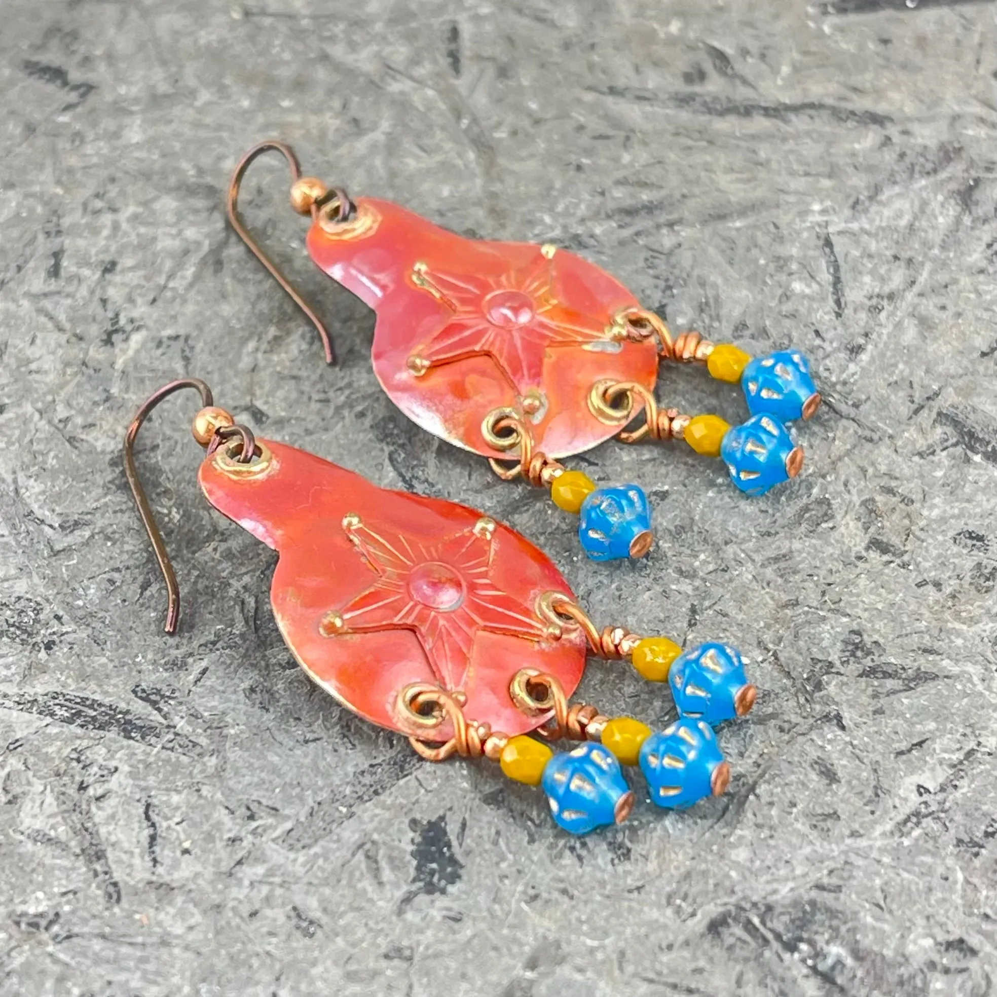 Copper Dangle Earrings with Turquoise Hued Glass Beads