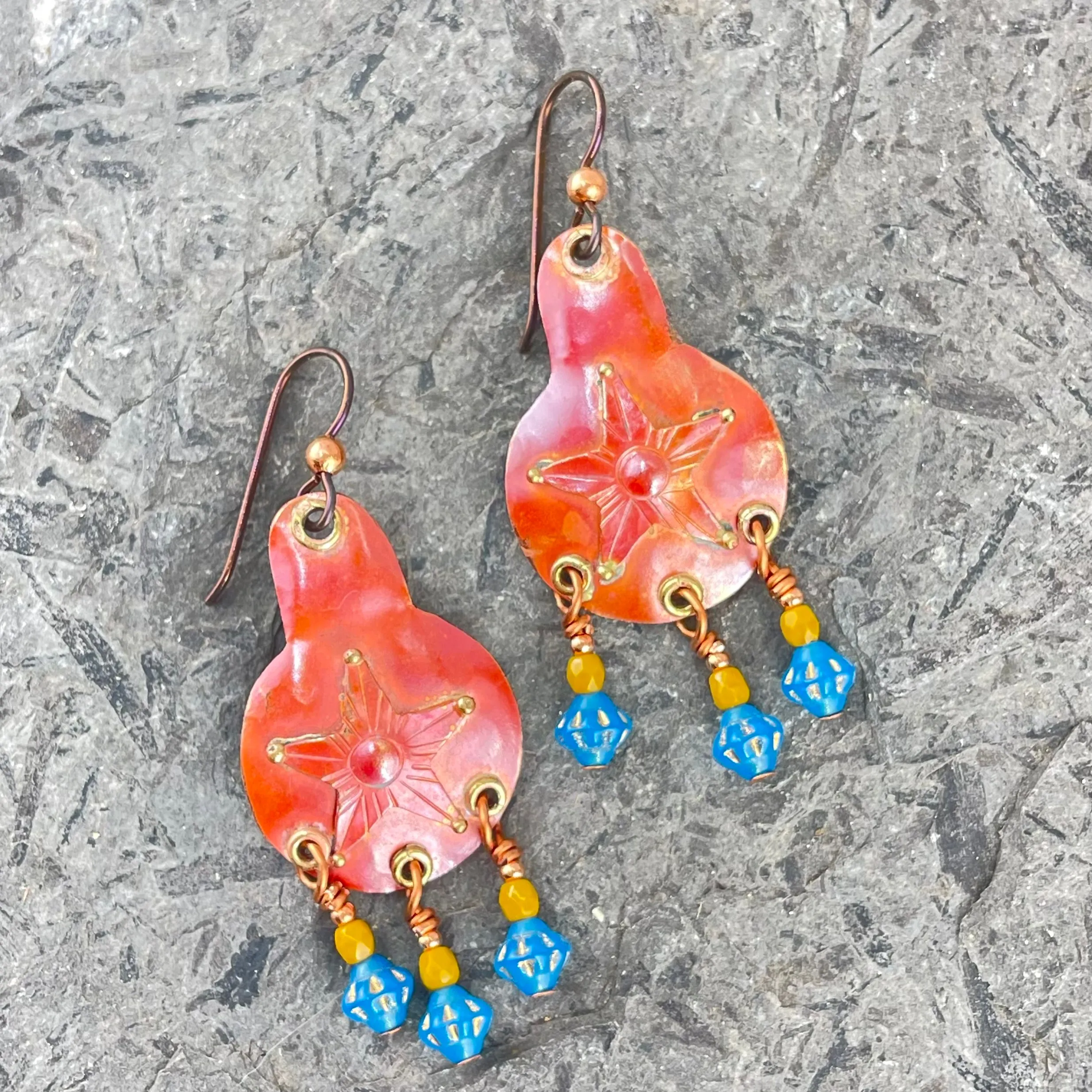 Copper Dangle Earrings with Turquoise Hued Glass Beads