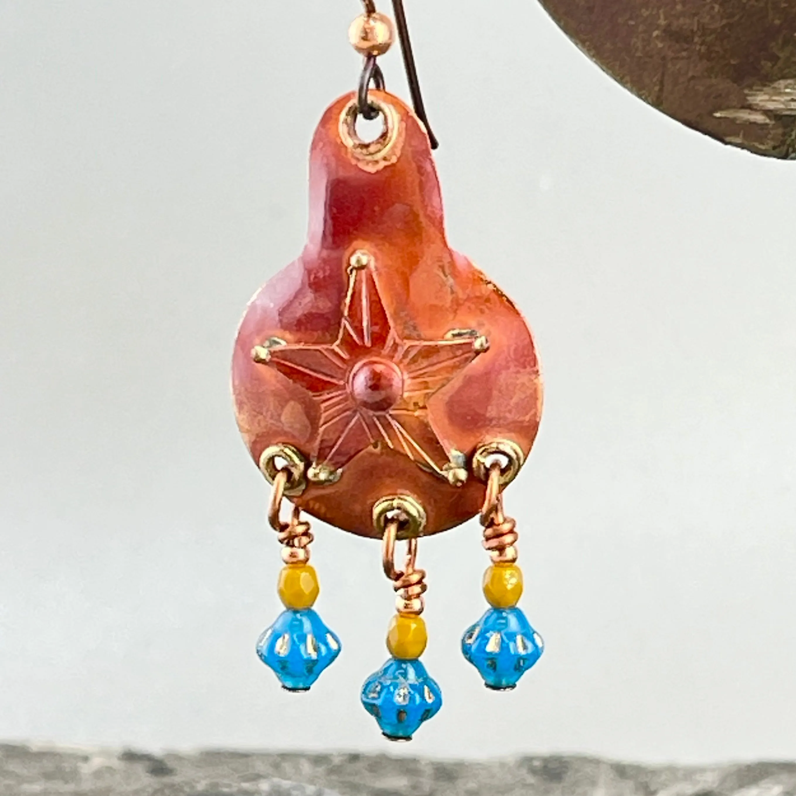 Copper Dangle Earrings with Turquoise Hued Glass Beads