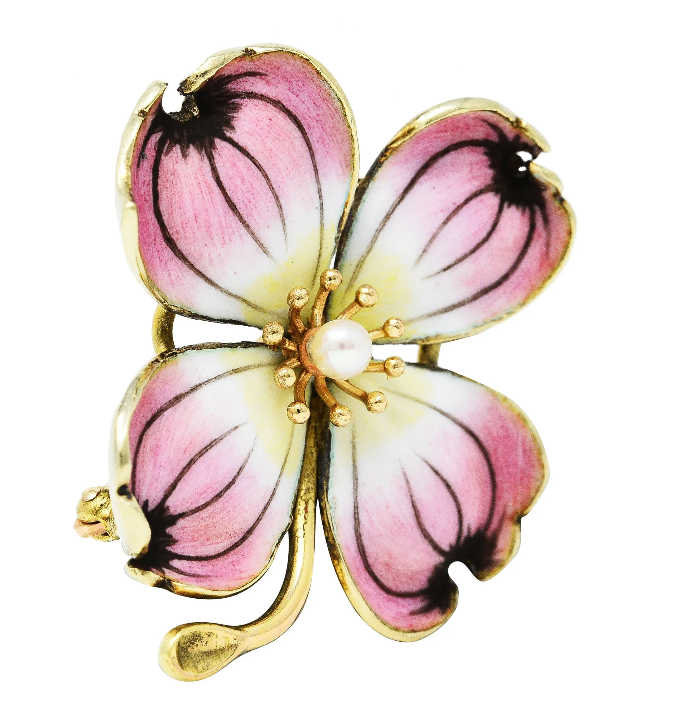 Crane & Theurer Art Nouveau Pearl Enamel 14 Karat Yellow Gold Antique Flower Brooch