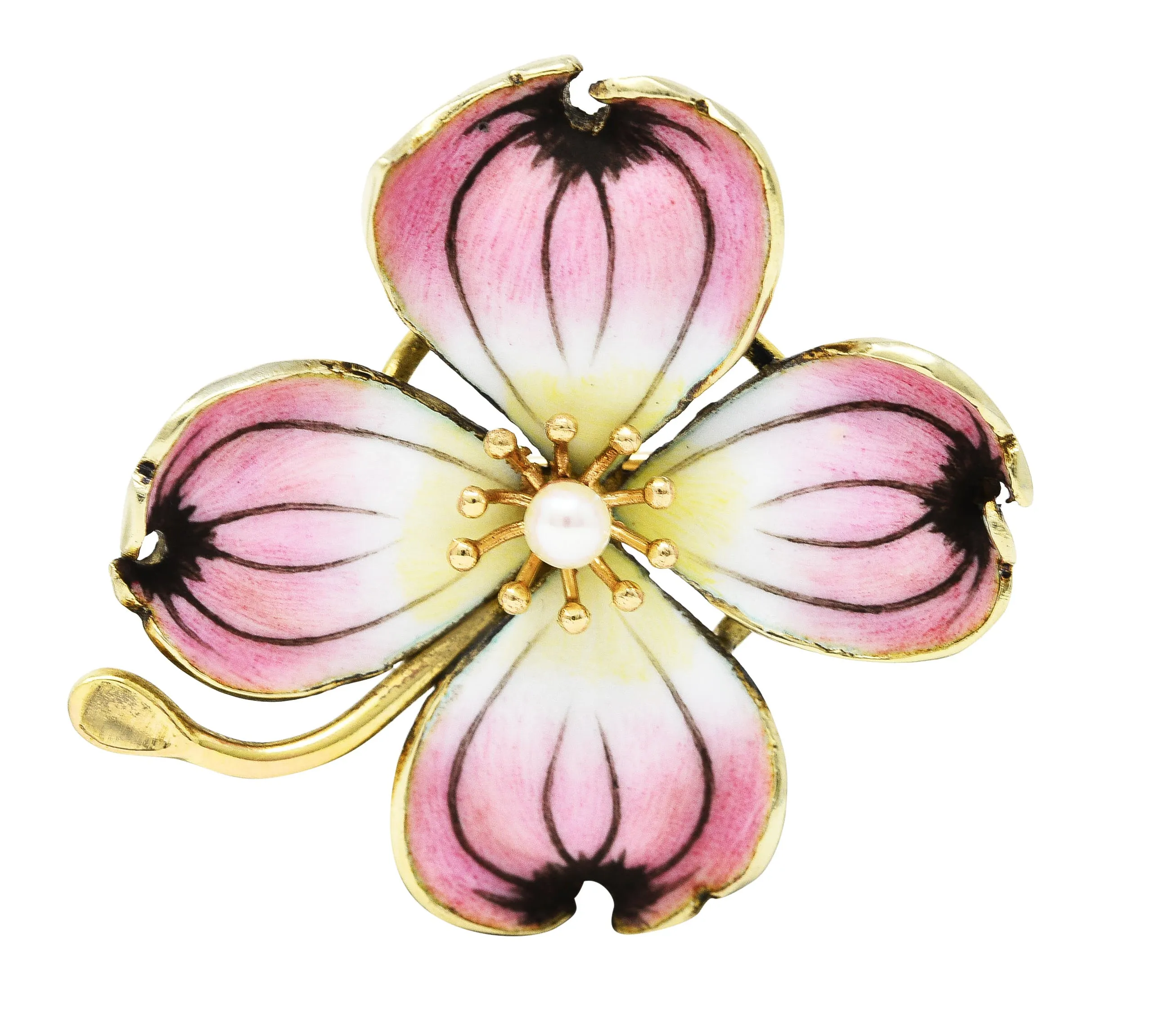 Crane & Theurer Art Nouveau Pearl Enamel 14 Karat Yellow Gold Antique Flower Brooch