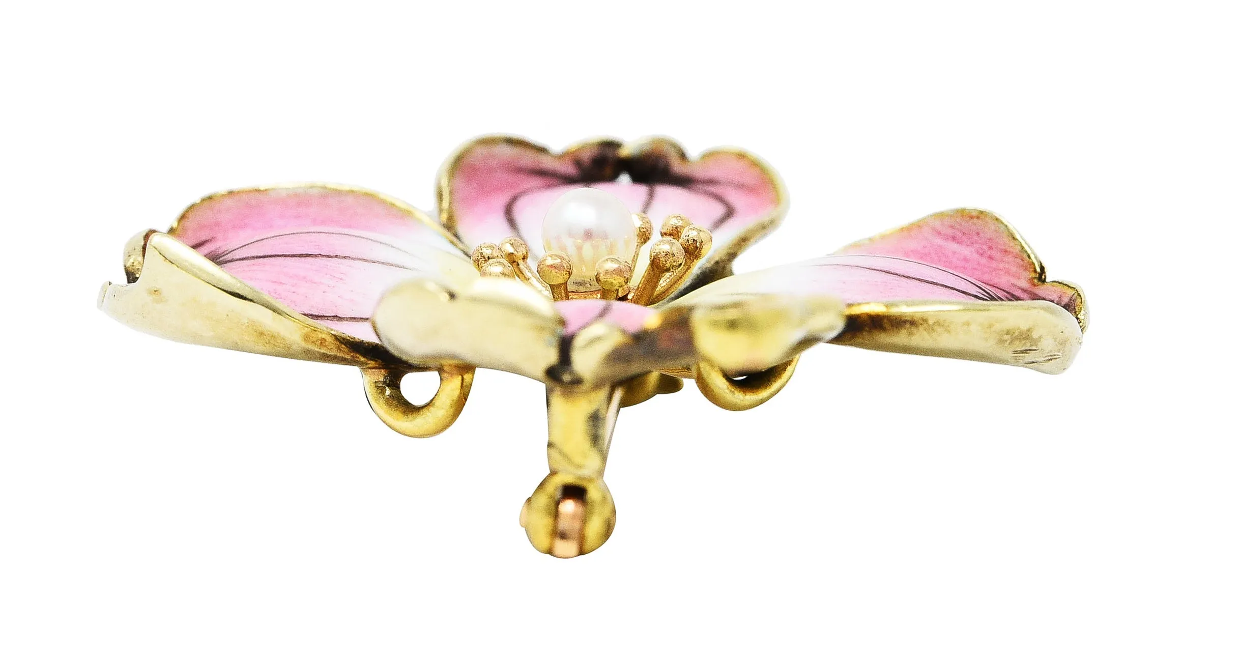 Crane & Theurer Art Nouveau Pearl Enamel 14 Karat Yellow Gold Antique Flower Brooch