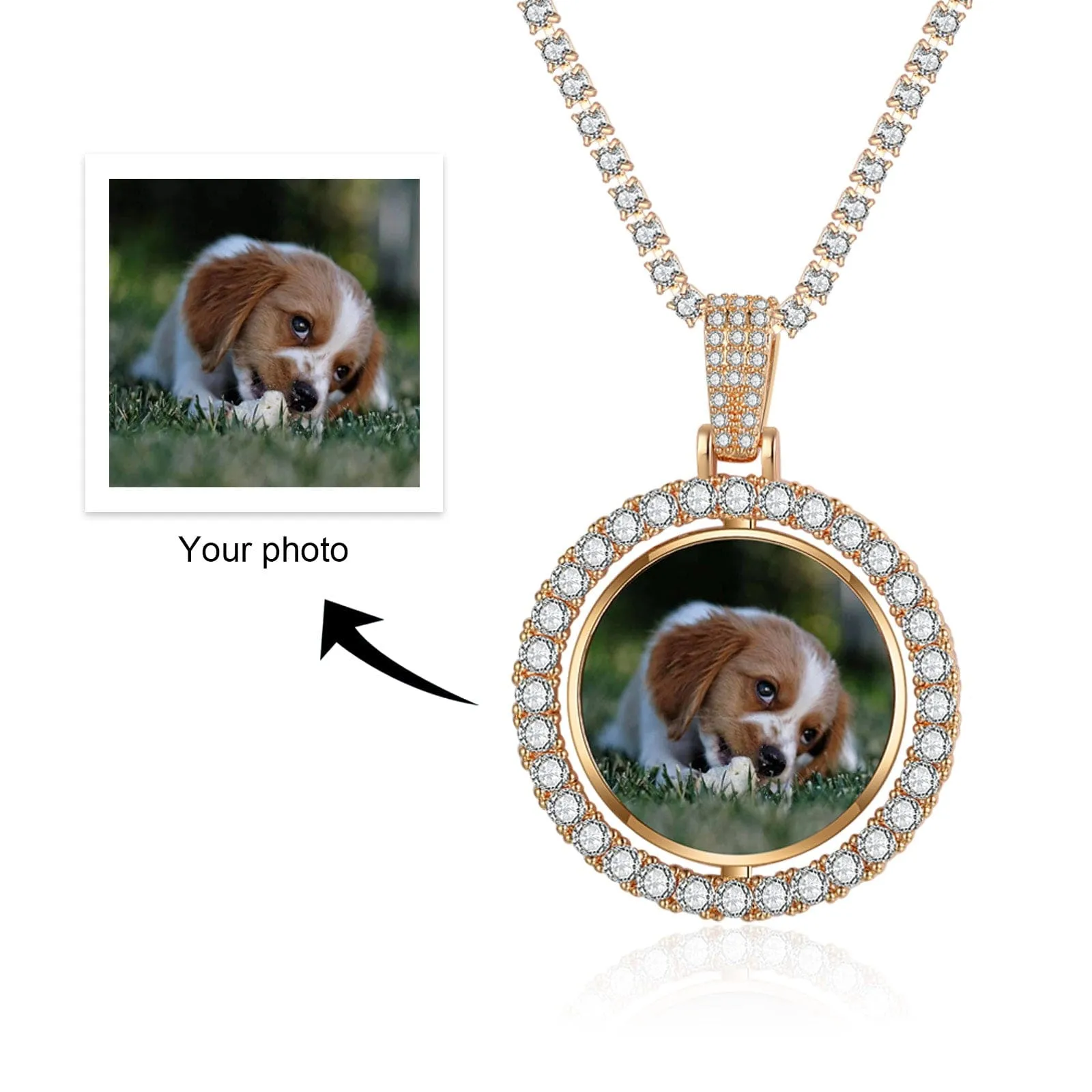 Custom Round Photo Pendant Necklace, Stainless Steel with CZ Crystals, Personalized Keepsake