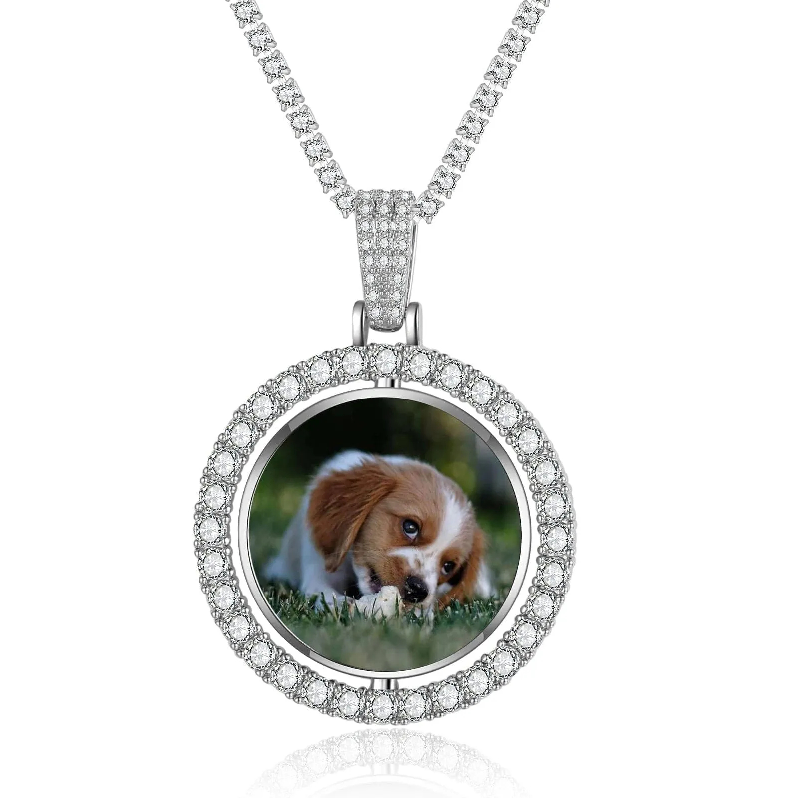 Custom Round Photo Pendant Necklace, Stainless Steel with CZ Crystals, Personalized Keepsake