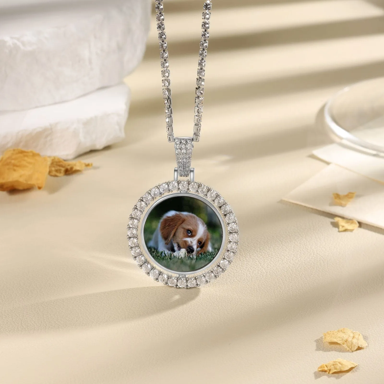 Custom Round Photo Pendant Necklace, Stainless Steel with CZ Crystals, Personalized Keepsake