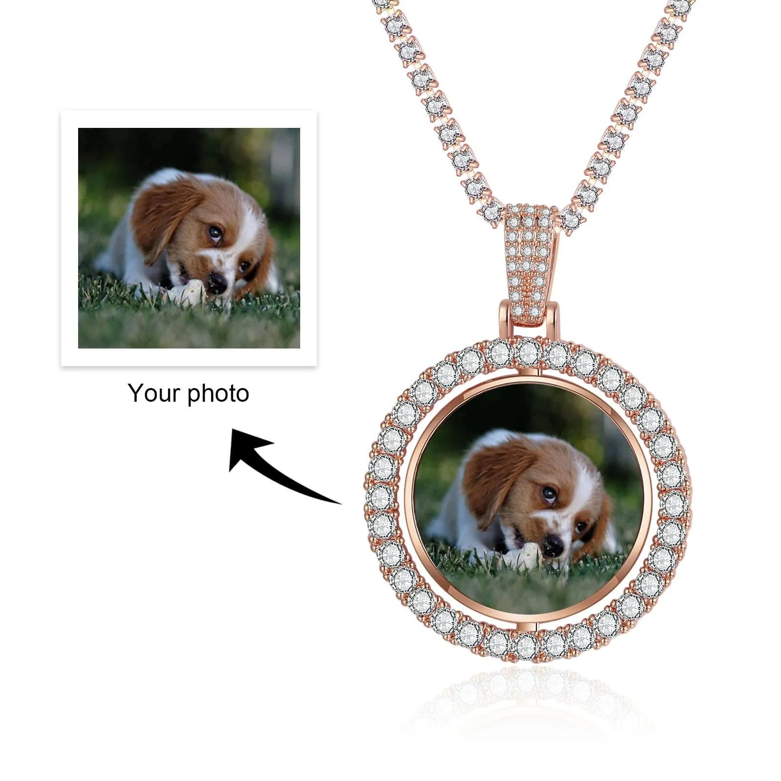 Custom Round Photo Pendant Necklace, Stainless Steel with CZ Crystals, Personalized Keepsake