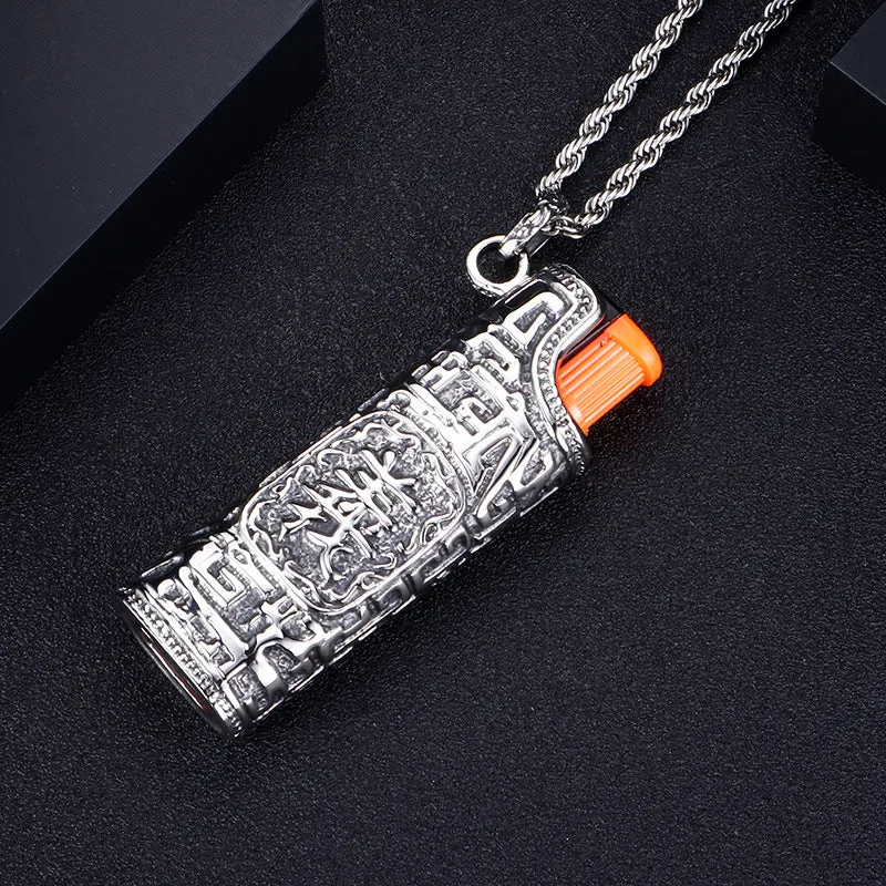 Customizable Titanium Steel Lighter Pendant for Men, Vintage Stainless Steel Shell Set